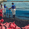 Workers clean an oil spill that has polluted a beach on Salamina Island, Greece.