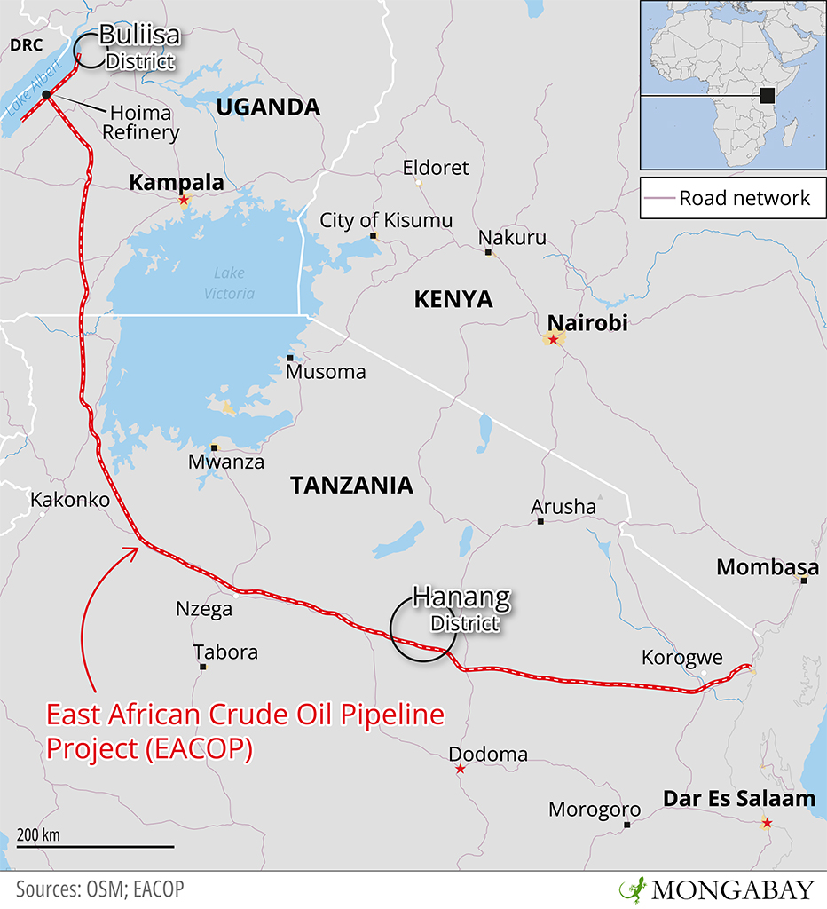 Map: GreenFaith surveyed six districts in Uganda and three in Tanzania along the pipeline’s 1,441-kilometer (895-mile) route, conducting a range of interviews. 