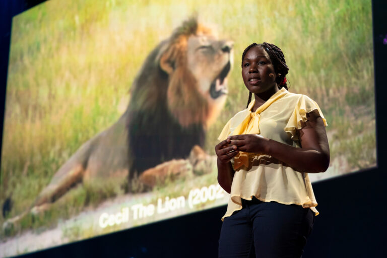 Moreangels Mbizah, founder of Wildlife Conservation Action, speaking during Fellows Session at TED Talks 2019: Bigger Than Us in Canada.