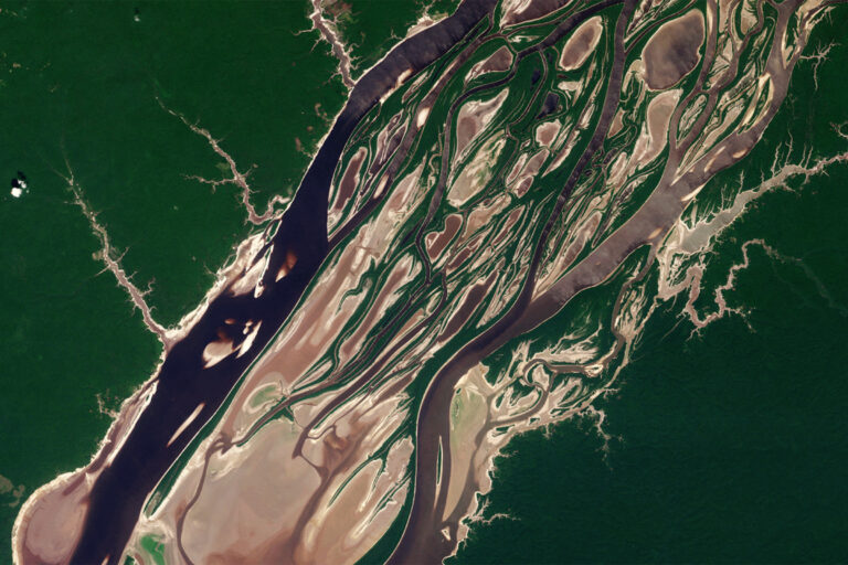 This Planet satellite image shows how extreme drought in the Amazon has reduced the Rio Negro to a trickle. Image Ⓒ 2023 Planet Labs PBC