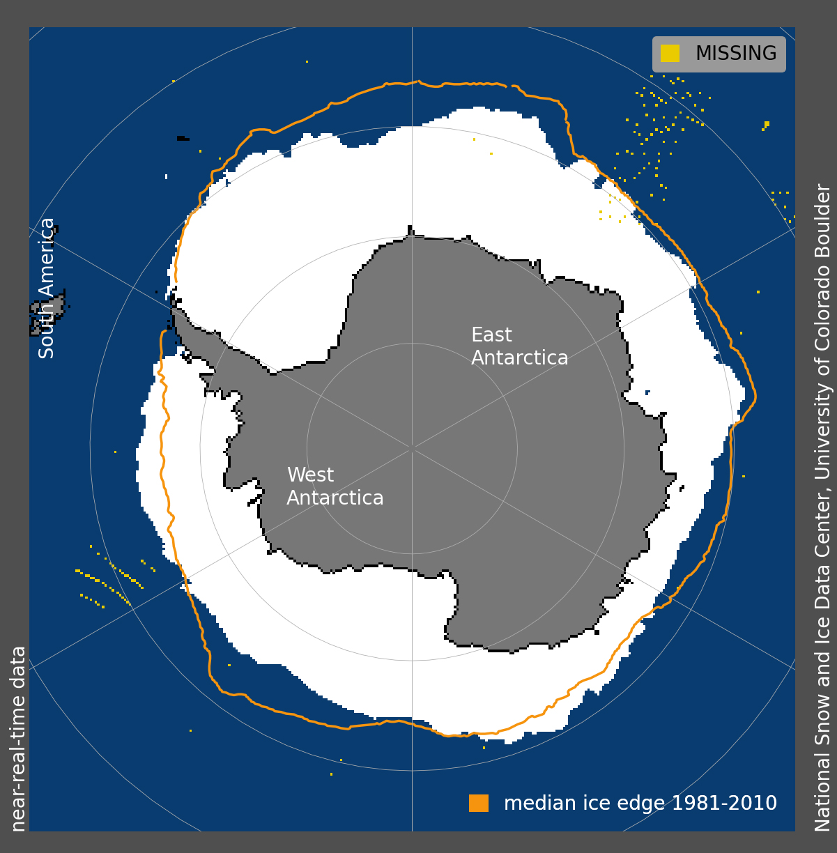 Map showing shrunken sea ice extent around Antarctica.