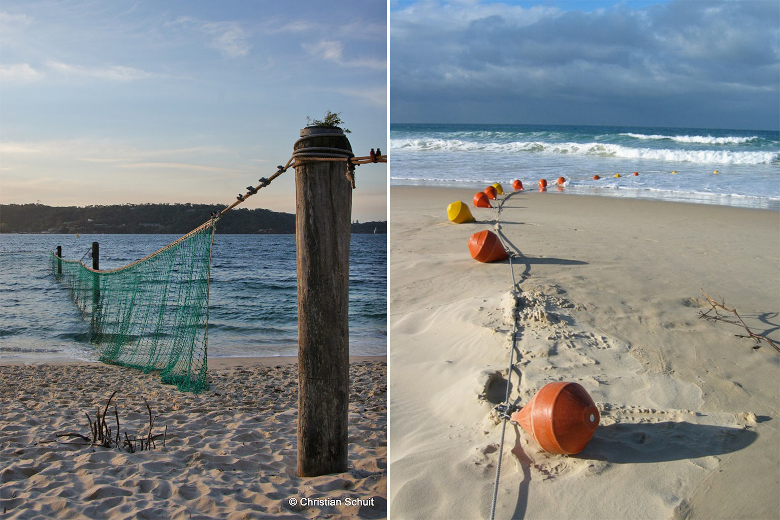 Shark nets installed in Sydney (left) and Queensland (right). 