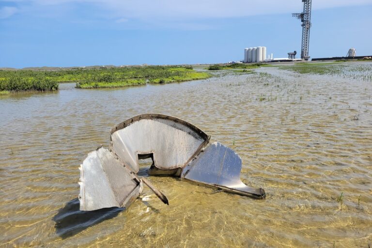 Metal debris in water near SpaceX launch site. Image courtesy of the Coastal Bend Bays & Estuaries program of Defenders of Wildlife.